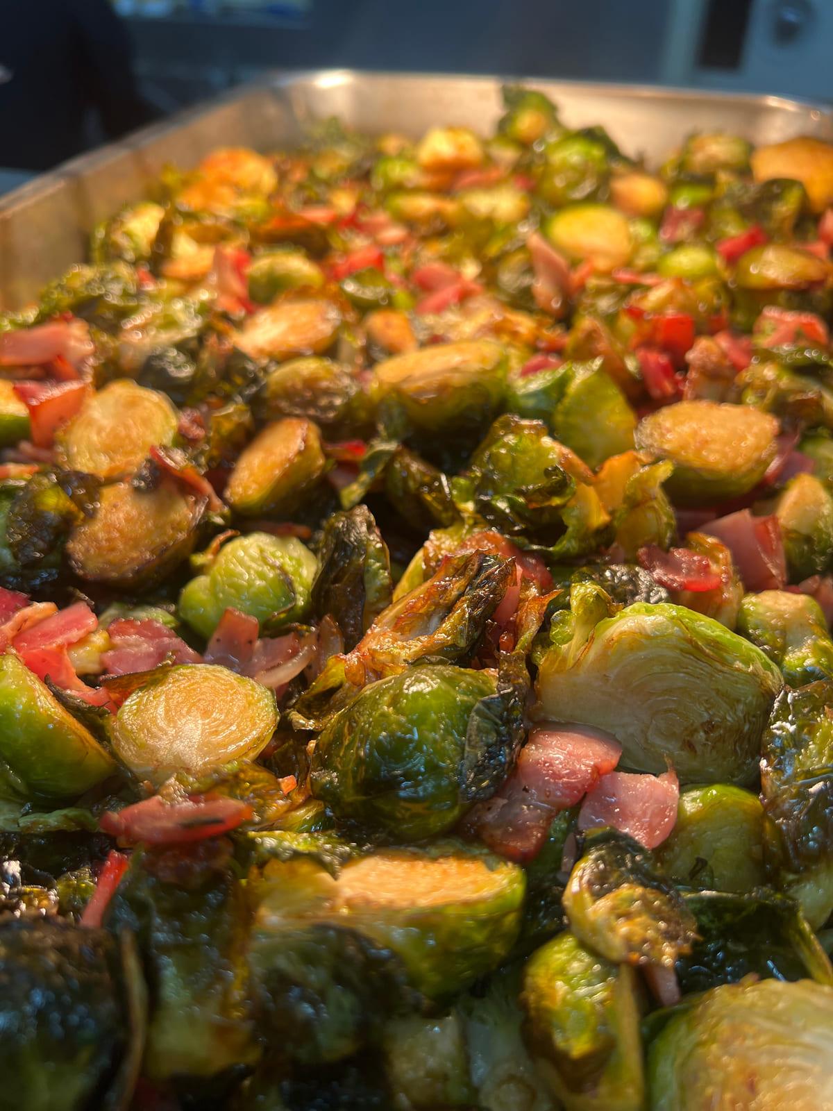 Roasted brussels sprouts with crisp bacon and capsicum for a function buffet